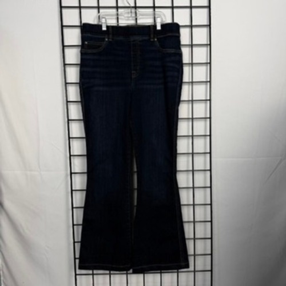 Spanx Flare Jeans Women Large Dark Wash Indigo High Rise Pull On Stretch Denim